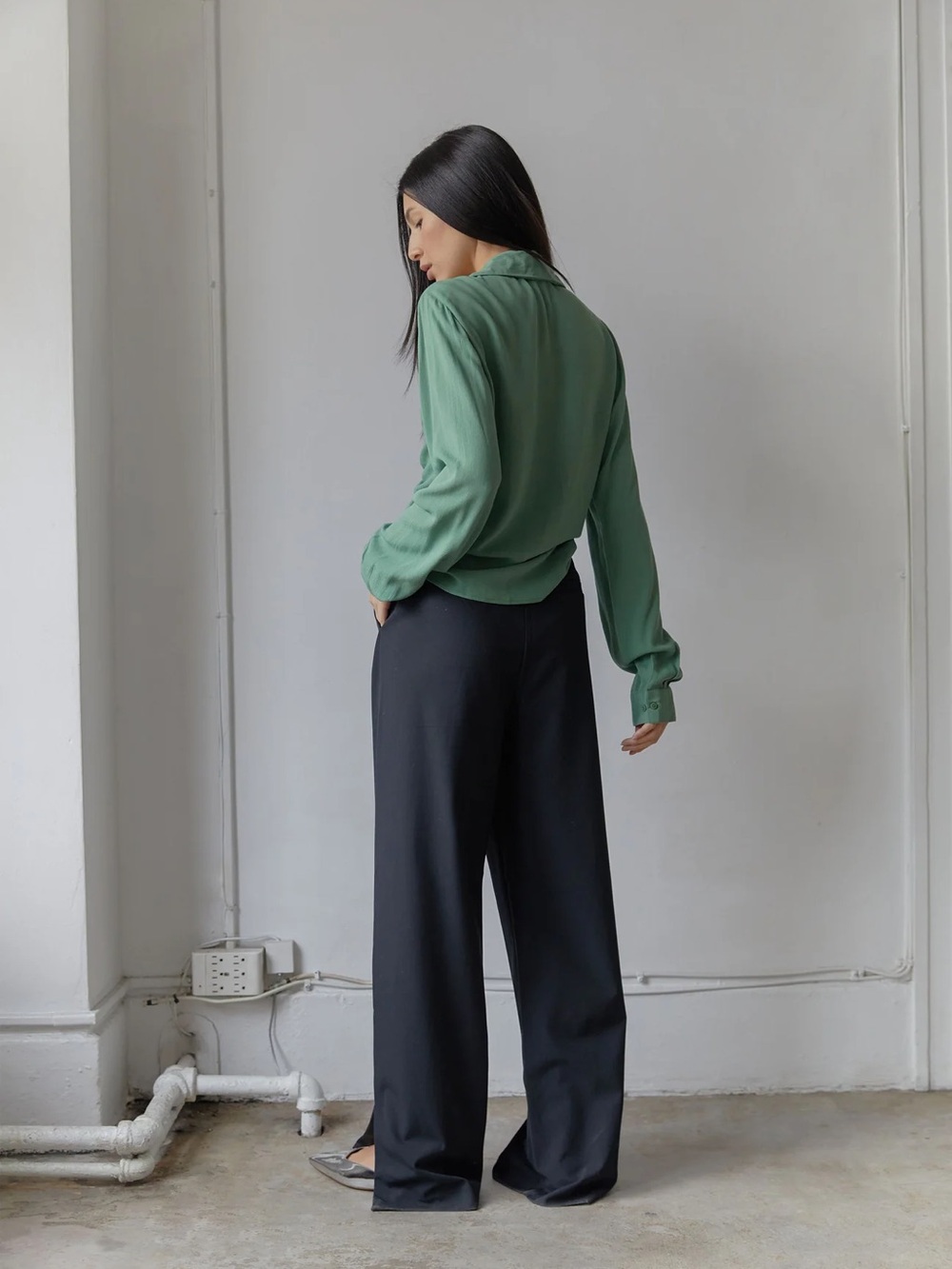 Oak + Fort Black Straight Leg Pants with Side Slits Size FR 38 US 2